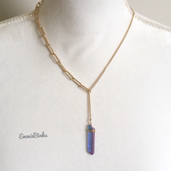 New Rainbow Aura Crystal Quartz Lariat Dual Copper Chain Necklace | Y Shape - Picture 8 of 15